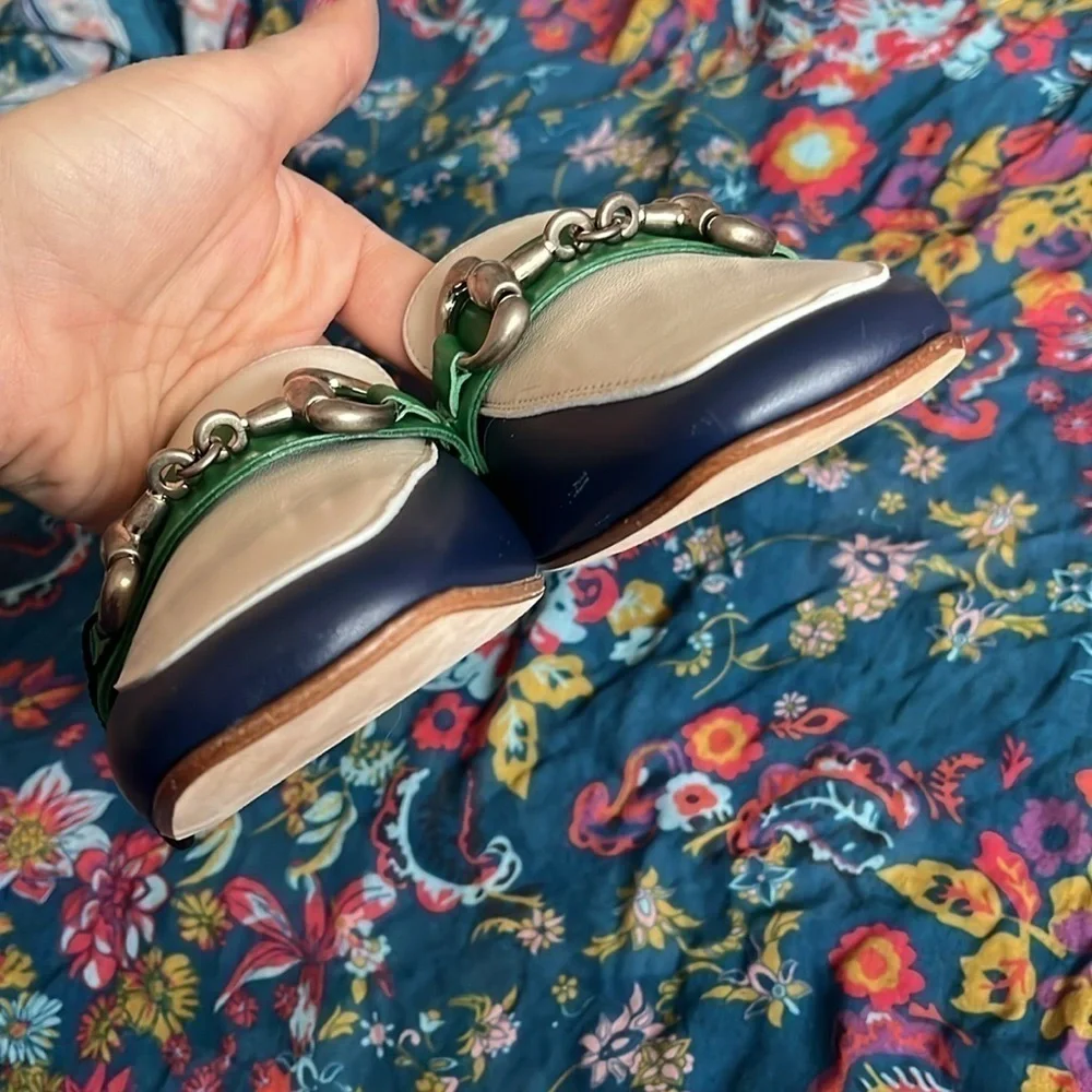 Brand New Ferca 81 Genuine Leather Ivory Blue Green Slip On Flats Buckle Loafers